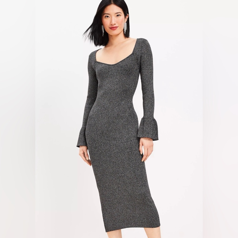 LOFT Black Silver Metallic Sweater Dress